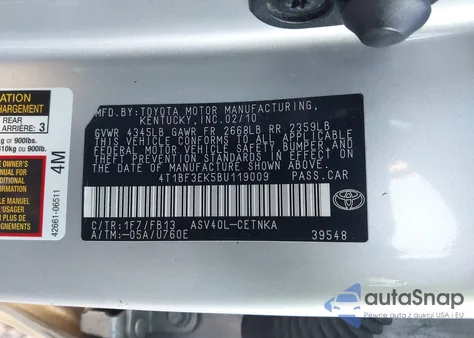 2011 Toyota Camry Le из США, поврежденный, VIN 4T1BF3EK5BU119009